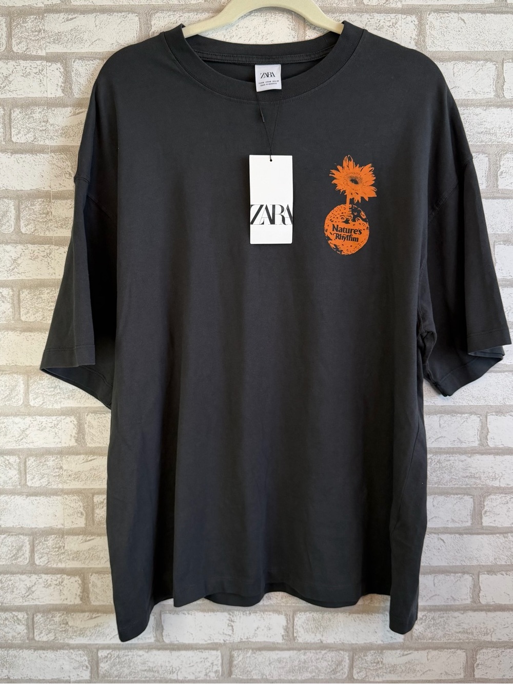 Zara Nature’s Rhythm Oversized Graphic Tee Charcoal Gray NWT Women’s Medium Top